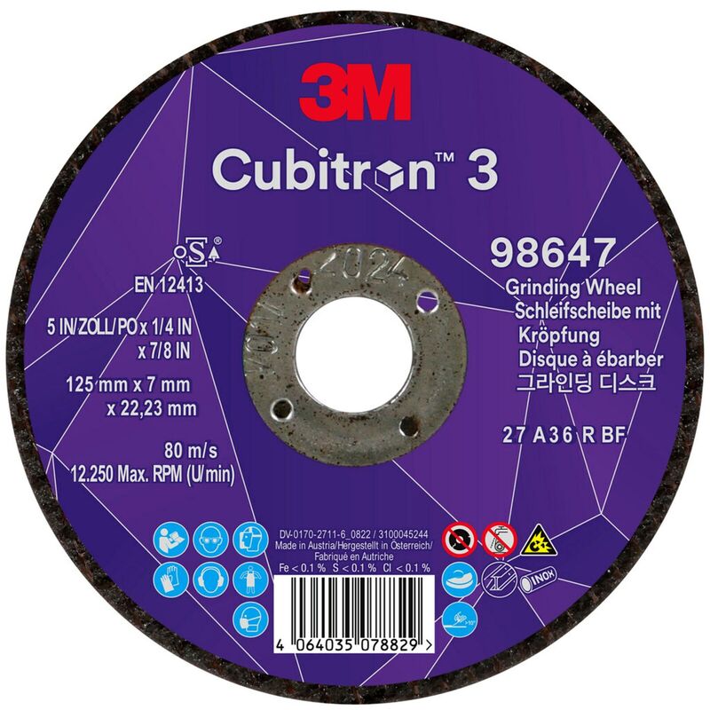Tarcze do szlifowania z obniżonym środkiem 3M™ Cubitron™ 3, 98647, 36+, T27, 125 mm x 7 mm x 22.23 mm