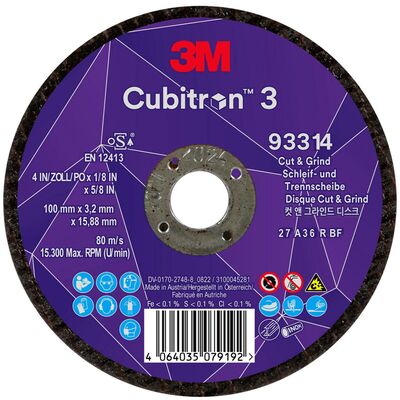 Tarcze 3M™ Cubitron™ 3 do cięcia i szlifowania, 93314, 36+, T27, 100 mm x 3.2 mm x 15.88 mm, EN, 10szt./opakowanie, 20 szt./karton
