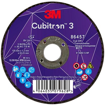 Tarcza 3M™ Cubitron™ 3 do cięcia, 86457, 60+, T41, 125 mm x 1.3 mm x 22.23 mm, EN, 25szt./opakowanie, 50 szt./karton