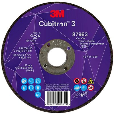 Tarcza 3M™ Cubitron™ 3 do cięcia, 87963, 36+, T42, 125 mm x 2.5 mm x 22.23 mm, EN,  25szt./opakowanie, 50 szt./karton