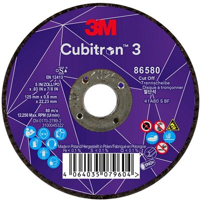 Tarcza 3M™ Cubitron™ 3 do cięcia, 86580, 80+, T41, 125 mm x 0.8 mm x 22.23 mm, EN, 25szt./opakowanie, 50 szt./karton